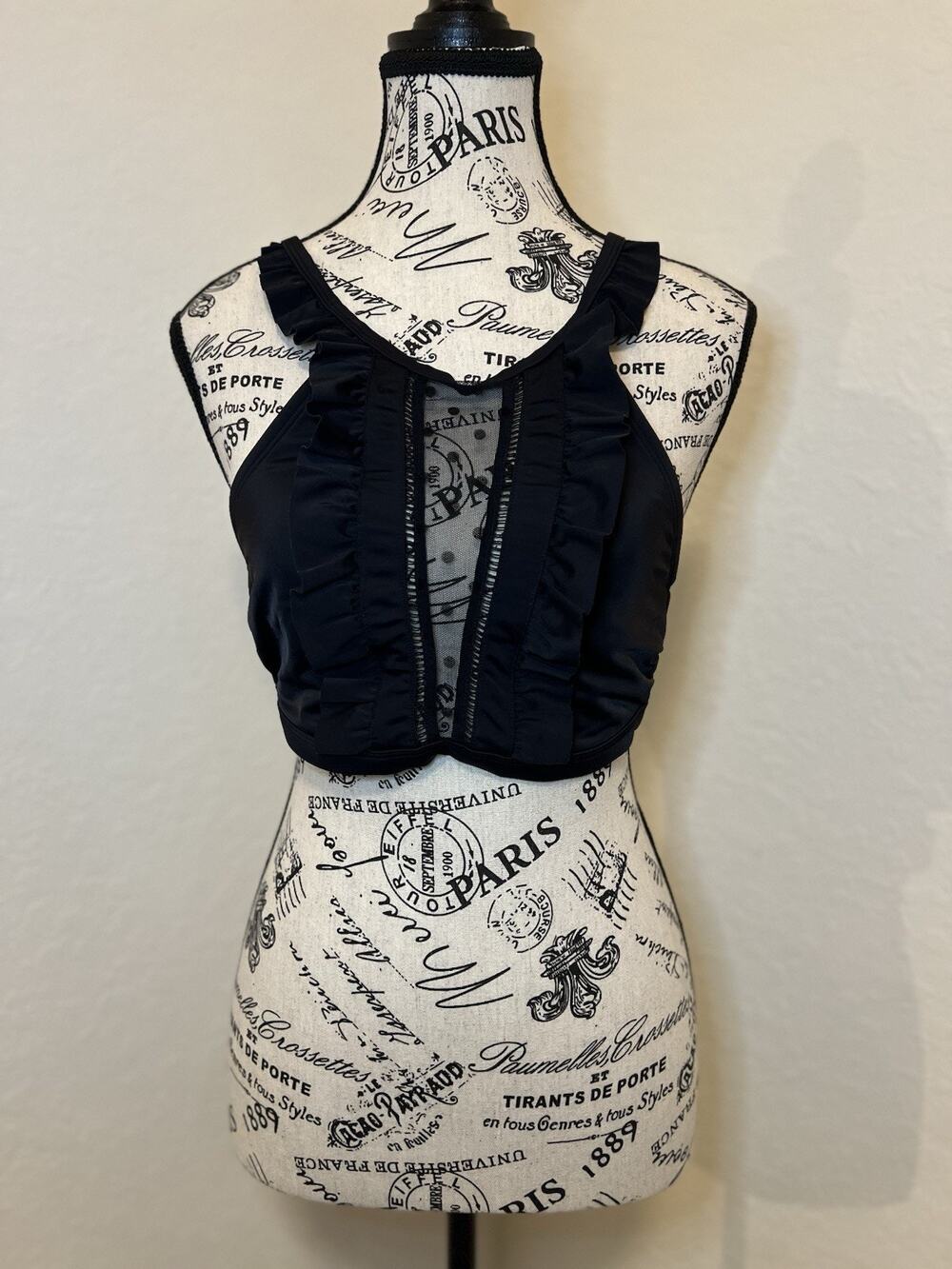 Time & Tru Black Bikini Top Size Small 4-6 Mesh Ruffle Strappy Top Beach Travel